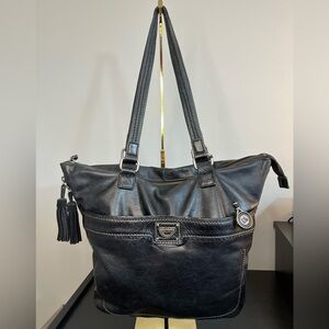 The Sak Expandable Black Leather Suede Shoulder Tote Bag with Suede Tassels